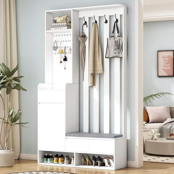 Cesicia All in One 71 in. Hall Tree Wood Hallway Organizer with Top Shelves and Flip Drawers, with Bench and Metal Hooks, White