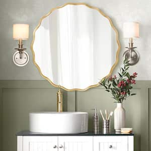 31.5 in. W. x 31.5 in. H Round Gold Aluminum Alloy Framed Scalloped Wavy Wall Mirror