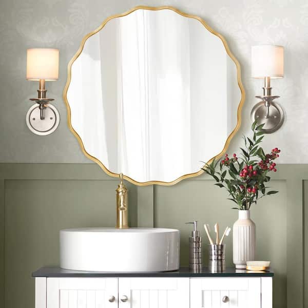 Hochwertiges 31.5 in. W. x 31.5 in. H Round Gold Aluminum Alloy Framed Scalloped Wavy Wall Mirror