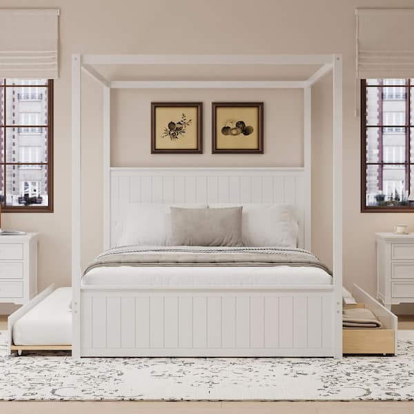 White Wood Frame Queen Canopy Bed with Trundle and 3-Storage Drawers