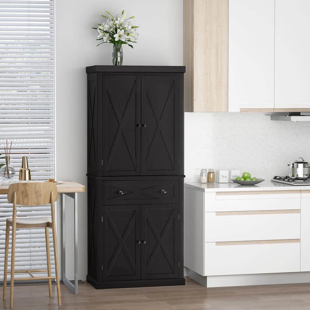 Black Freestanding Farmhouse Kitchen Pantry Cabinet with Adjustable Shelves