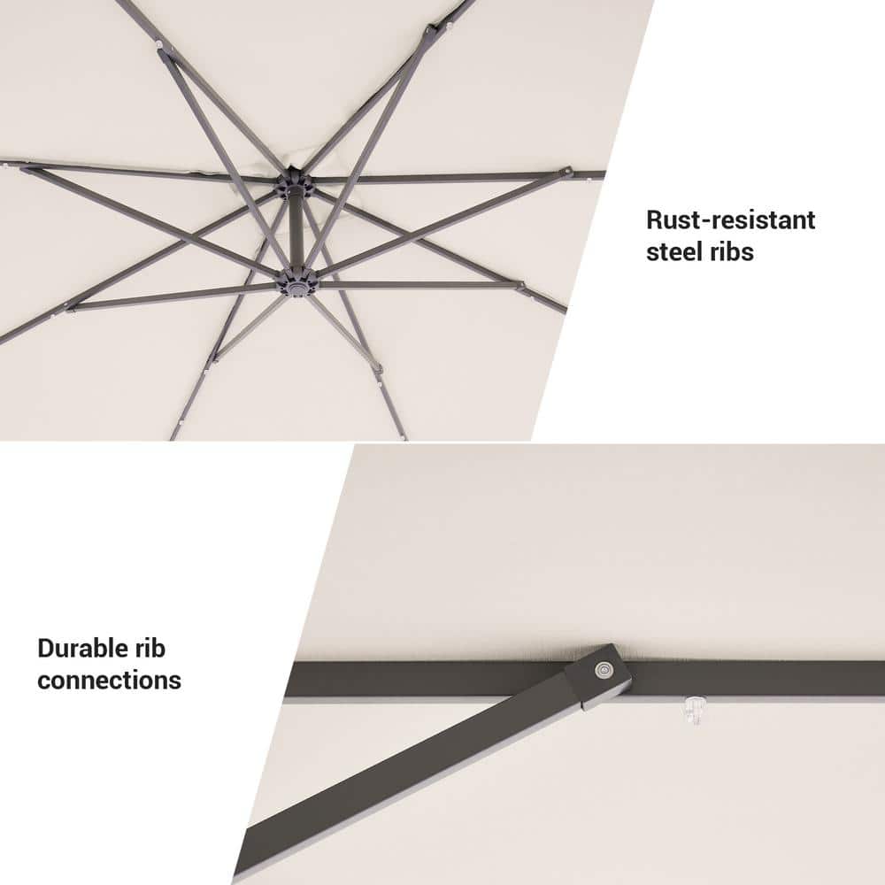 Beige Square Cantilever Umbrella with Charcoal Grey Steel Pole and LED Lights