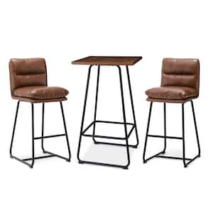 Pub Table Set - Modern Square Bar Table with Walnut Veneer Top and Brown Thick Leatherette Bar Stools (Set of 3 )