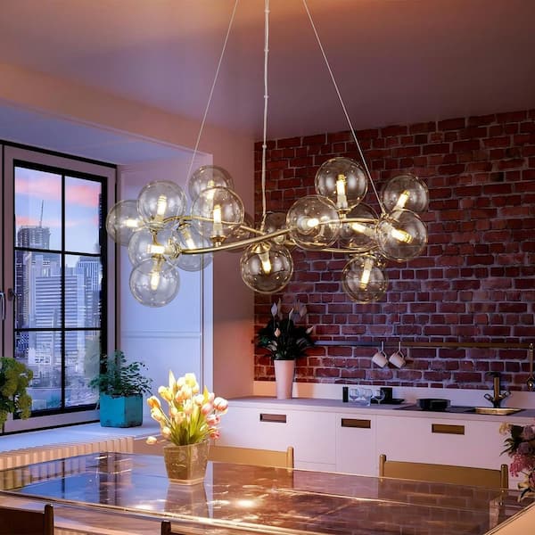 Finnick Brass 18-Light Modern Glam Round Clear Glass Globe Bubble Chandelier for Living Room