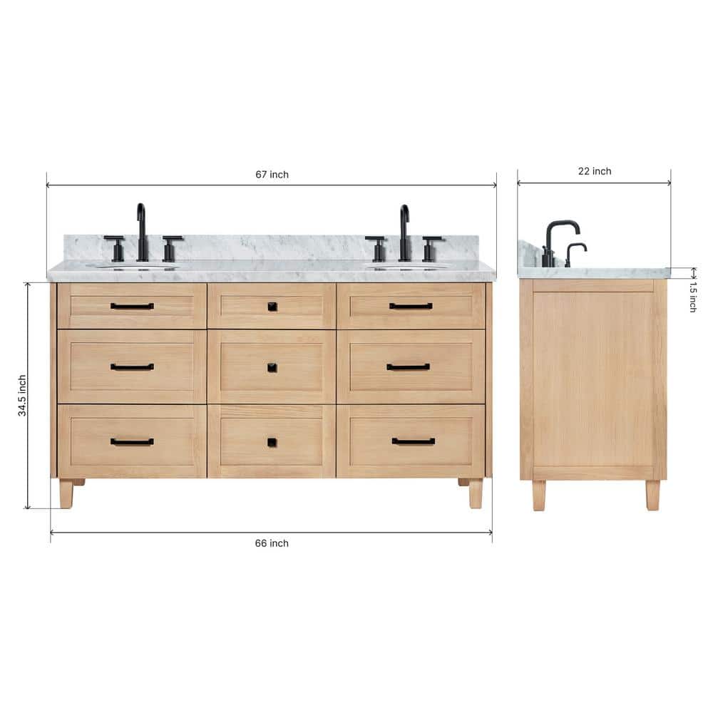 Monroe 67" Light Oak Double Vanity with Carrara Marble Top