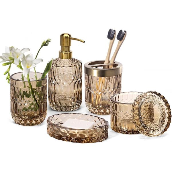 6-Piece Bath Accessory Set with Soap Dispenser, Soap Dish, Toothbrush Holder, Tumbler and Cotton Swab Jar in Brown