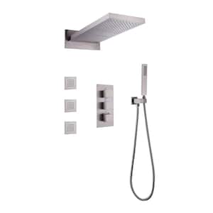 Triple Handle 2-Spray Wall Mount Shower Faucet 1.8 GPM with Anti Scald Thermostatic Shower Trim Kit in. Brushed Nickel