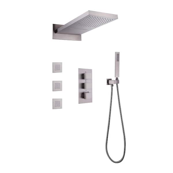 AIMADI Triple Handle 2-Spray Wall Mount Shower Faucet 1.8 GPM with Anti Scald Thermostatic Shower Trim Kit in. Brushed Nickel