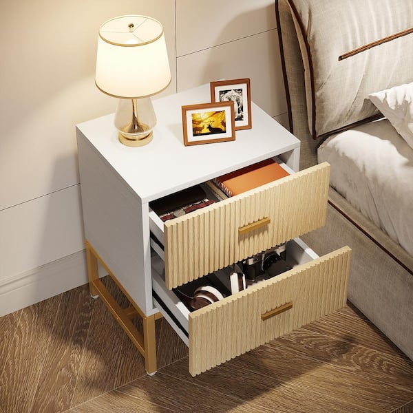 BYBLIGHT Fenley 2-Drawer Wood Gold Nightstand Tall Side Table End Table with Metal Frame 25.6 in. H x 19.7 in. W x 15.8 in.