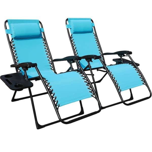 TIRAMISUBEST Foldable Reclining Zero Gravity Chair Outdoor Lounge Chair with Sidetable in Aqua Blue Set of 2