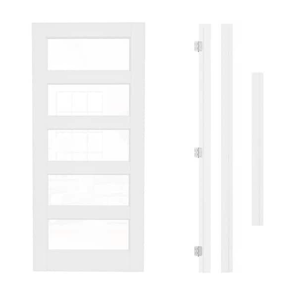 36 in. x 80 in. 5-Lite Clear Glass Left Hand White Solid Core Glass Single Prehung Interior Door+ Quick Assemble Jamb