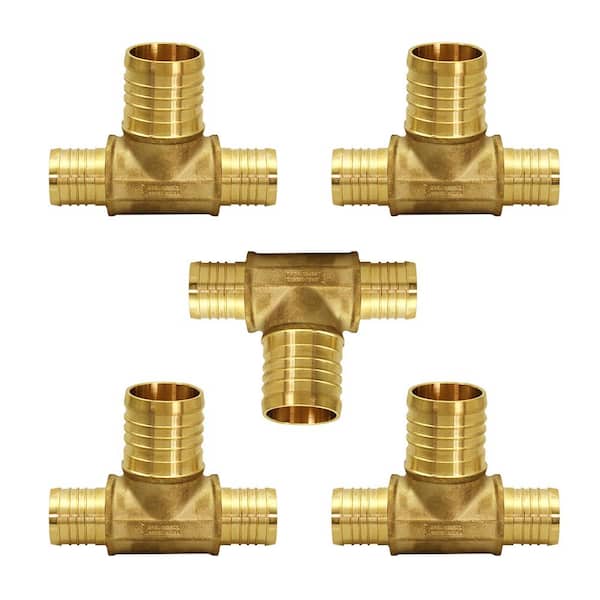 PLUMBFLEX 1/2 in. x 1/2 in. x 3/4 in. Brass PEX Barb Reducing Tee Pipe Fittings (5-Pack)