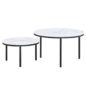 29.53 in. Black Wide Round Nesting Coffee Table White Marble Table Top Metal Frame End Table for Living Room (Set of 2)