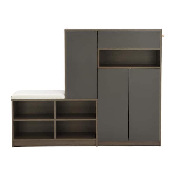 Multi-Functional Grey Shoe Storage Cabinet with Padded Seat and Adjustable Shelves