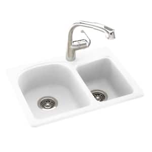 Drop-In/Undermount Solid Surface 25 in. 1-Hole 60/40 Double Bowl Kitchen Sink in White