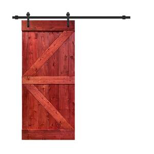 K Series 30 in. x 84 in. Solid Cherry Red Stained Pine Wood Interior Sliding Barn Door with Hardware Kit
