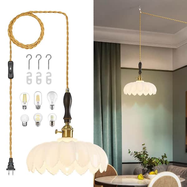 Home Lighting 60W 1Light 10.03in Modern White Glass Adjustable Plug-In Pendant (Gold Finish) for Bedrooms & Dining Rooms