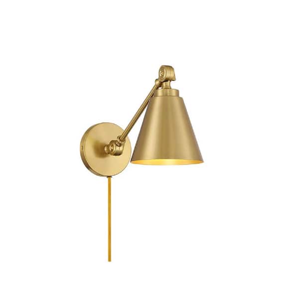 TUXEDO PARK LIGHTING 6 in. W 1-Light Natural Brass Industrial Wall Sconce with Metal Shade, Cord and Plug Included (Set of 2)