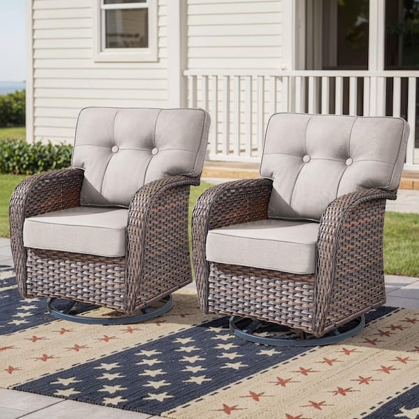 T-Frame Brown Wicker Outdoor Rocking Chairs with Olefin Beige 5 in. Thick Cushion /Patio Swivel Gliders (2-Pack)