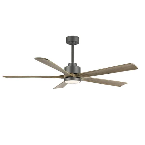 WINGBO 52 in. LED indoor Carbon gray and wood grain Ceiling Fan with Remote