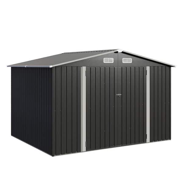 Sizzim Black 10 ft. W x 8 ft. D Storage Metal Shed with Metal Floor Frame, Lockable Door and Vents for Patio (75 sq. ft. )