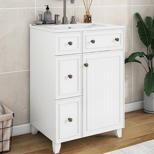 Staykiwi 24 in. W x 18 in. D x 34 in. H Single Sink Freestanding Bath Vanity in White with White Ceramic Top