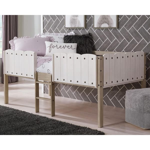 Signature Design By Ashley Wrenalyn White/Beige Twin Loft Bed Frame with Protective Side Rails and Ladder