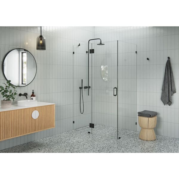 46 in. W x 32 in. D x 78 in. H Pivot Frameless Corner Shower Enclosure in Matte Black Finish with Clear Glass