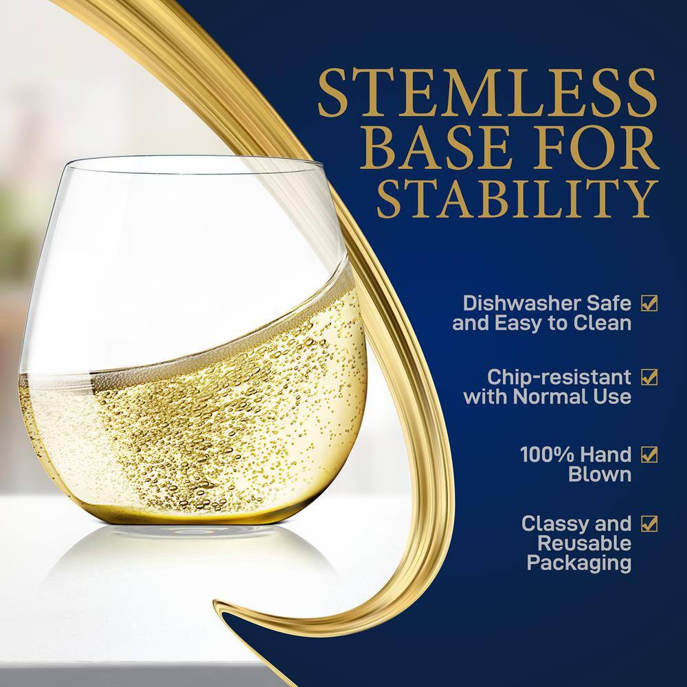 NutriChef 15oz Ultra-Thin Crystal Clear Stemless Wine Glasses Set