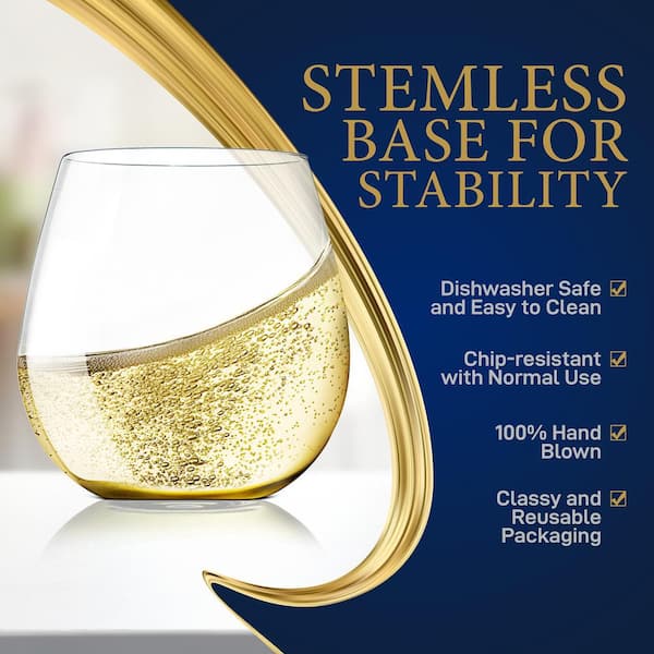 Wine Glasses - Stemless Wine Glass Set of 4 Hand Cut Crystal Wine