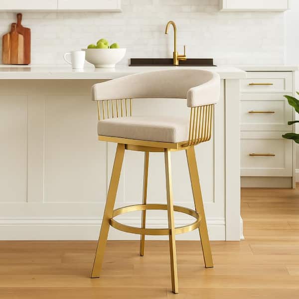 Benjara Luci 34 H Taupe and Gold Low Back Metal Bar Stool with  Polyester BM339149