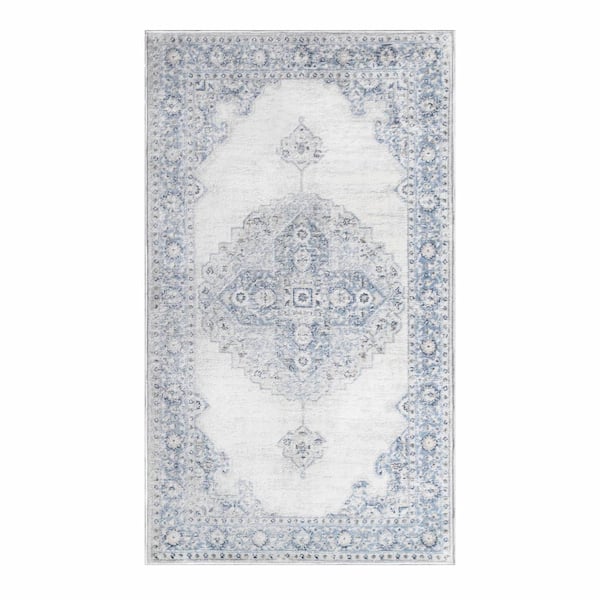 SUPERIOR Demelza Blue 3 ft. x 5 ft. Modern Farmhouse Oriental Medallion Polyester Indoor Area Rug