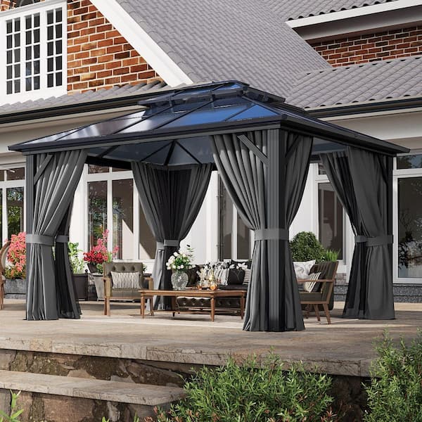12 ft. x 10 ft. Outdoor Hardtop Gazebo with Aluminum Frame, Double Polycarbonate Roof Gazebo with Nettings and Curtains