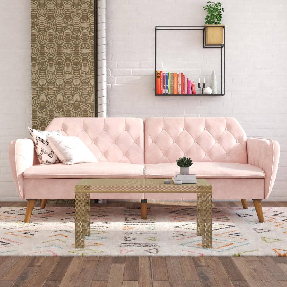 Pink Tufted Faux Leather Twin Sleeper Sofa with Memory Foam