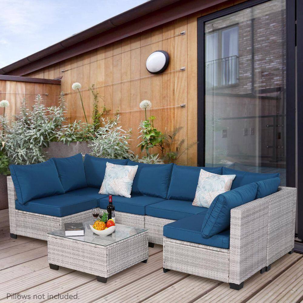 Glow Up Blue セット Gray 7-Piece All-Weather Wicker Outdoor Sectional Set, Patio
