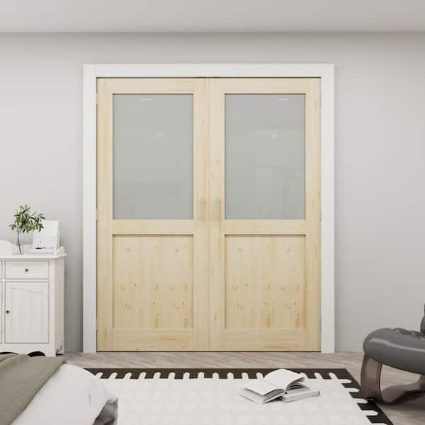 64 in. x 80 in. 1/2-Lite Frosted Glass Unfinished Pine Wood French Door Without Jamb Double Door Slab with Ball Catch