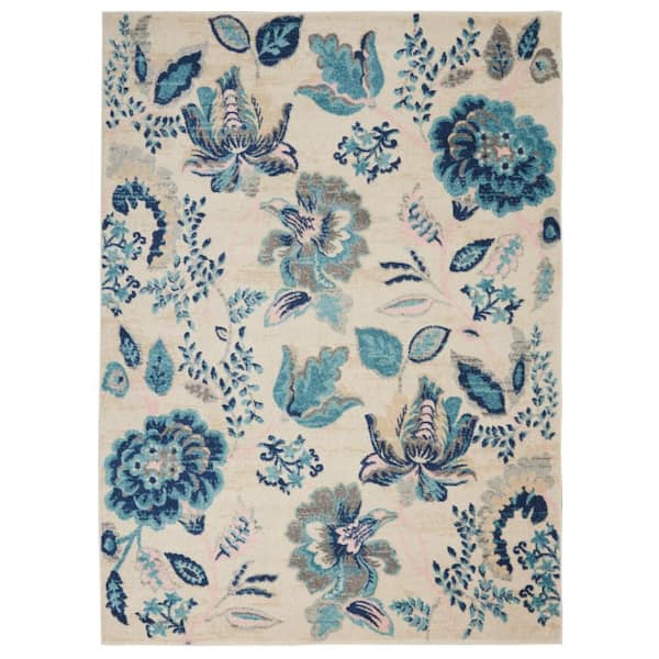 HomeRoots 5 ft. x 7 ft. Ivory And Blue Floral Area Rug 2000550899 - The ...