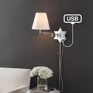 David 18.5 in. 1-Light Chrome Swing Arm Plug-In or Hardwired Iron LED Star Wall Sconce with Pull-Chain and USB Port