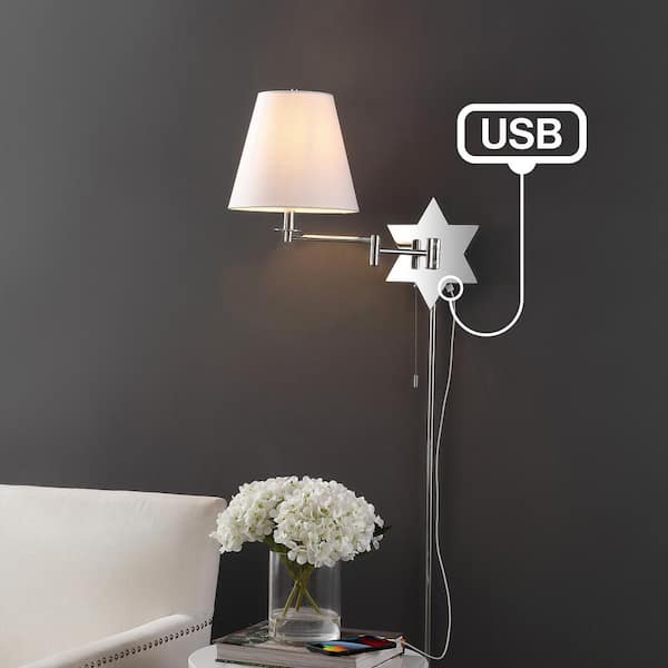 David 18.5 in. 1-Light Chrome Swing Arm Plug-In or Hardwired Iron LED Star Wall Sconce with Pull-Chain and USB Port