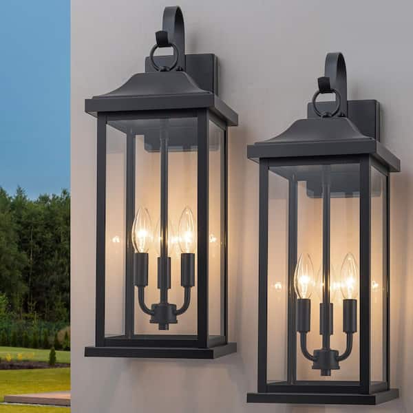 22.25 in. Large Matte Black Outdoor Hardwired Lantern Sconce with Clear Tempered Glass, No Bulbs Included (2-Pack)