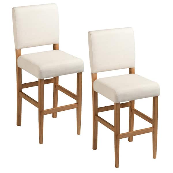 Leick Home Brax Bar Height 28 Stool Natural White Sand, with Upholstered Back and Wood Base - Set of 2