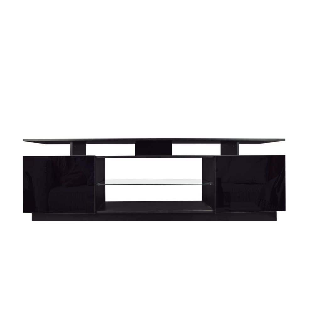 71 in. Modern Black TV Stand with RGB Light Fits TVs up to 80 in. with 2 S