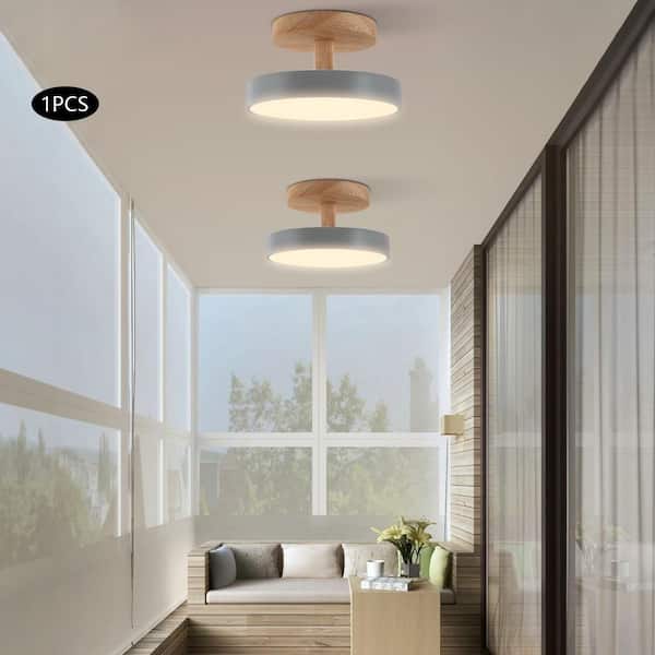 OUKANING 7.08 in. 1-Light White and Wood Modern Round Selectable