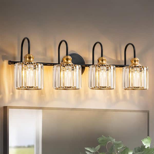 Rennnsan Katherine 29.5 in. 4-Light Modern Black with Gold Bathroom Vanity Light with Round Crystal Shades