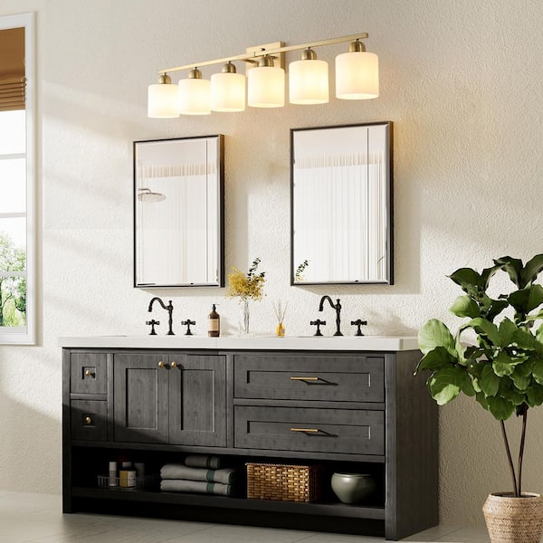 LINJO 38 in. 6-Light Gold Rustic Farmhouse Bathroom Vanity Light with ...