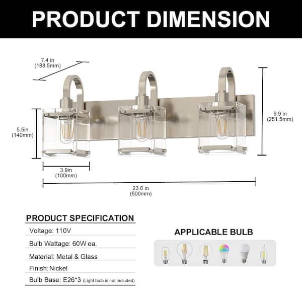 YANSUN 24 in. 3-Light Brushed Nickel Bathroom Vanity Light, Modern