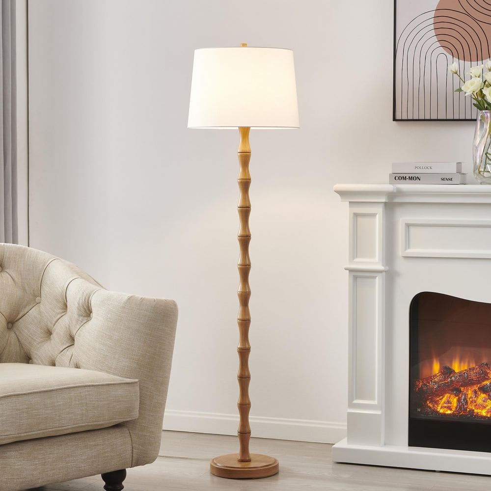KAWOTI 61 in. Painted Faux Wood Brown Standard Floor Lamp with White Fabric Shade 21478