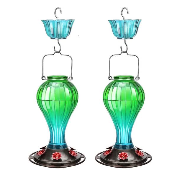 Green and Blue Glass Hummingbird Feeder 25 oz. Nectar Feeder with Ant Moat and 6 Feeding Ports, Leak Proof (2-Pack)