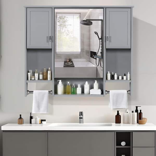 Andrea 35 in. W x 28.7 in. H Large Rectangular Surface Mount Medicine Cabinet with Mirror with Towels Bar in Grey