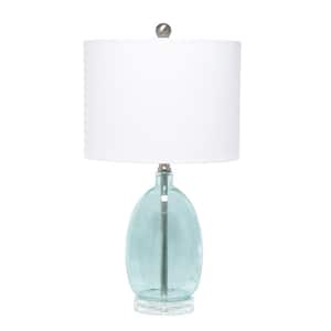 22 in. Clear Blue Oval Glass Table Lamp with White Drum Shade